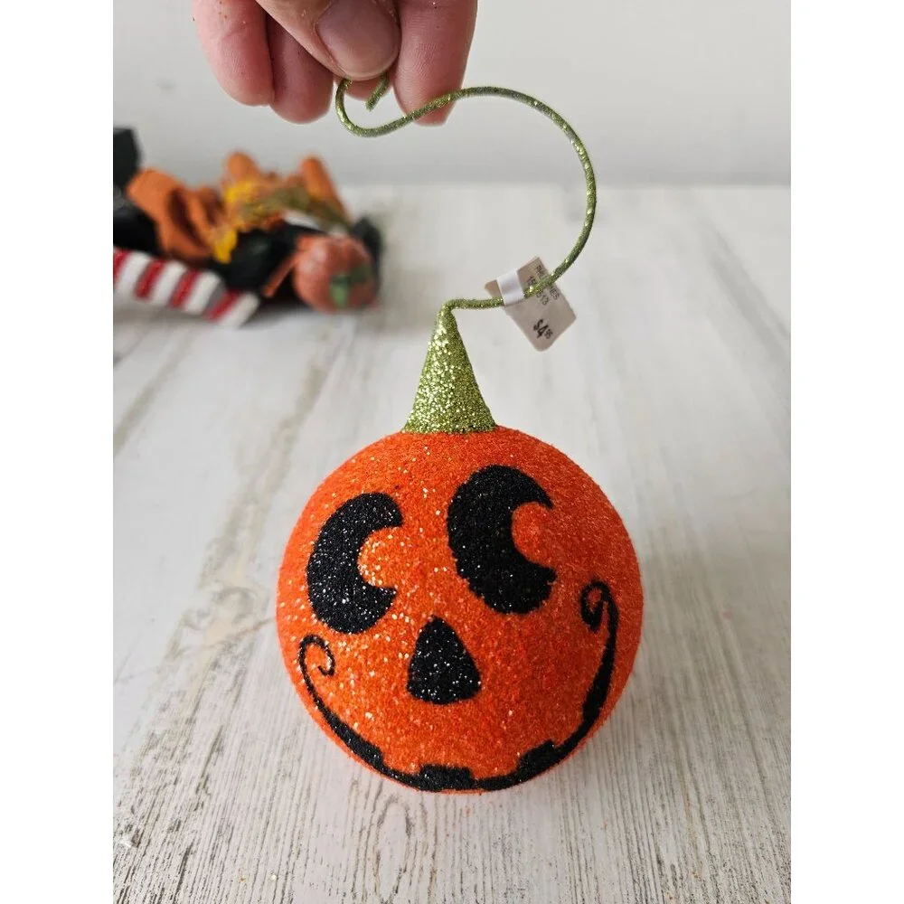 Pier‎ 1 pumpkin jack-o'-lantern glitter ornament RARE sparkle frayer Xmas tree